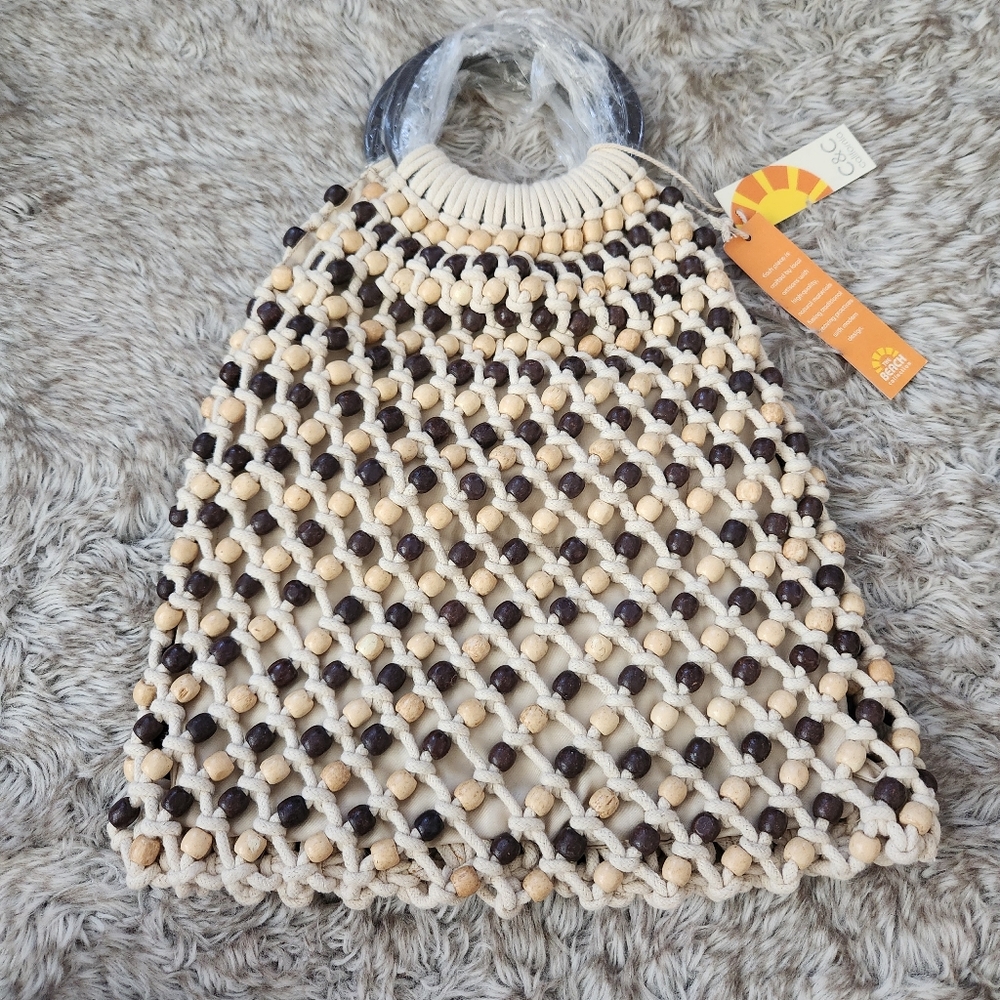 C&C California Wood Handle Crochet Beaded Tote Bag Natural